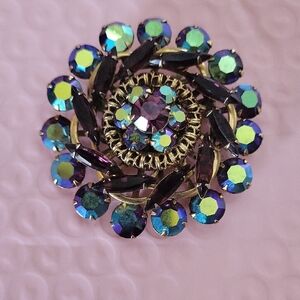 Aurora Borealis And Navette Rhinestone Vintage Brooch